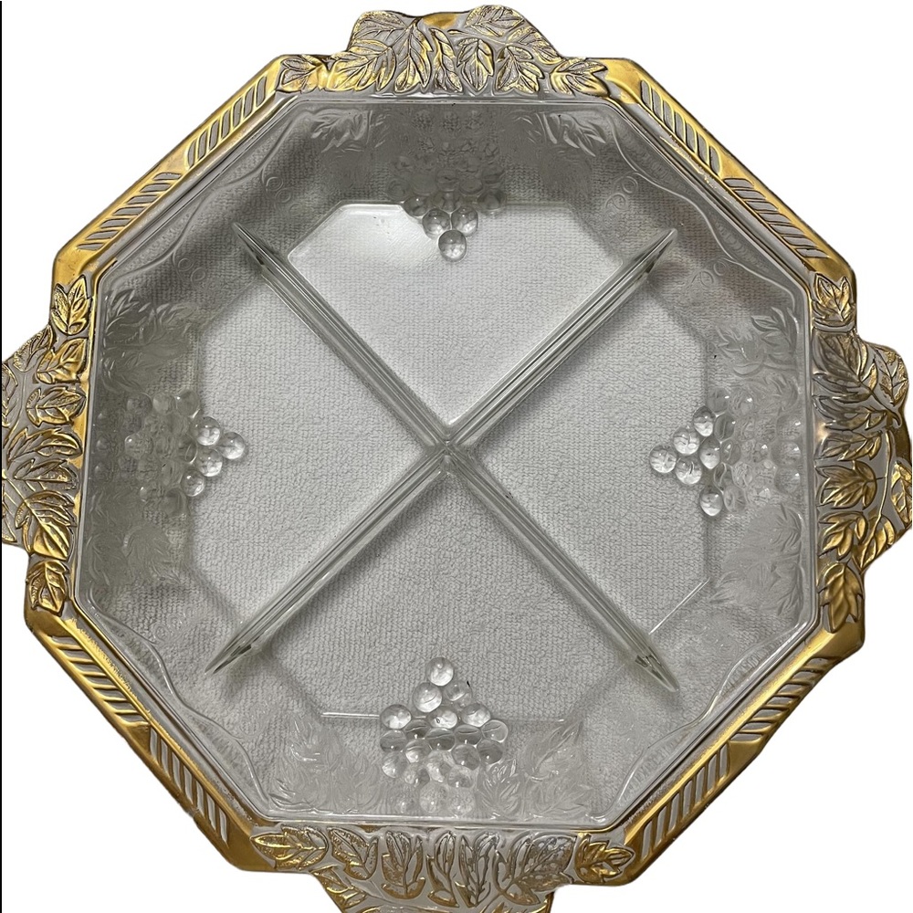 13" Jeannette Glass 4 Part Divided Relish Dish Octagon Gold Trim Embossed Fruit